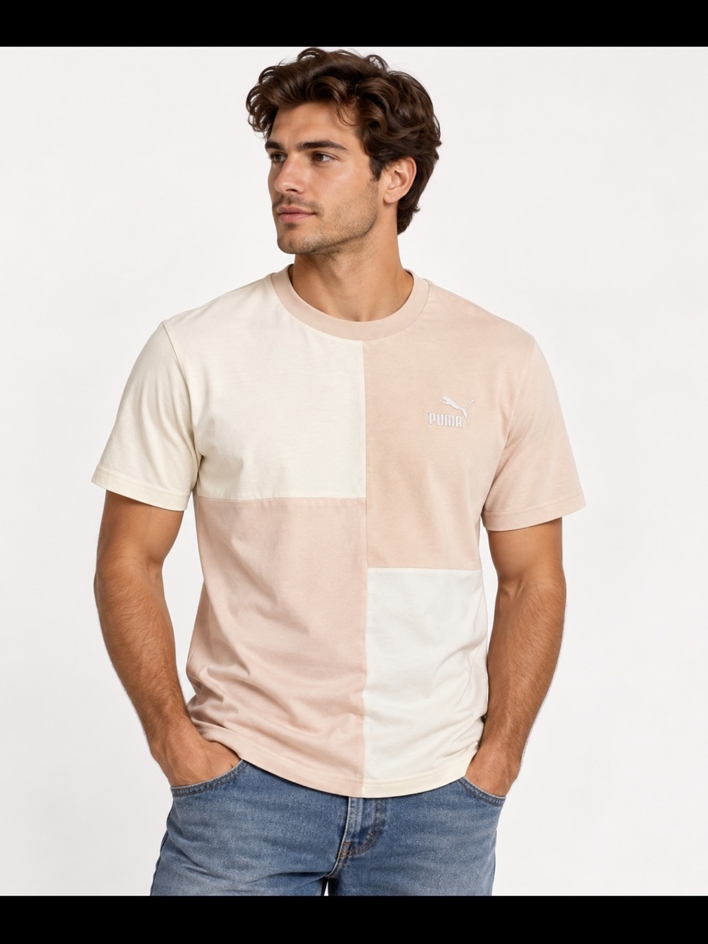 PUMA Men’s Color Block T-Shirt Cream Pink White Logo Size L